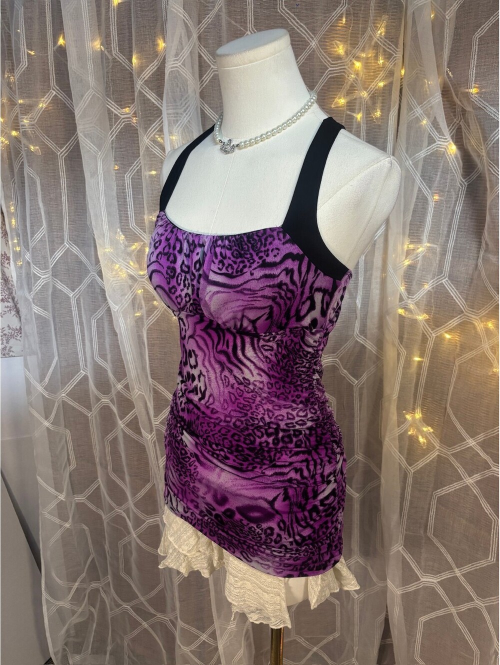 rue21 Purple Leopard Print Ruched Tank Top Y2K Bodycon Stretch Cami Medium Chic - Picture 4 of 8
